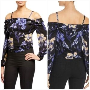 NWT Ramy Brook Black Cori Floral Print Cold Shoulder Silk Top